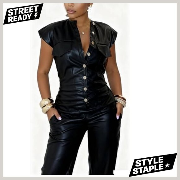 Sleeveless Faux Leather Jumpsuit Slim Fit Cargo Pants Party Clubwear - Picture 2 of 3